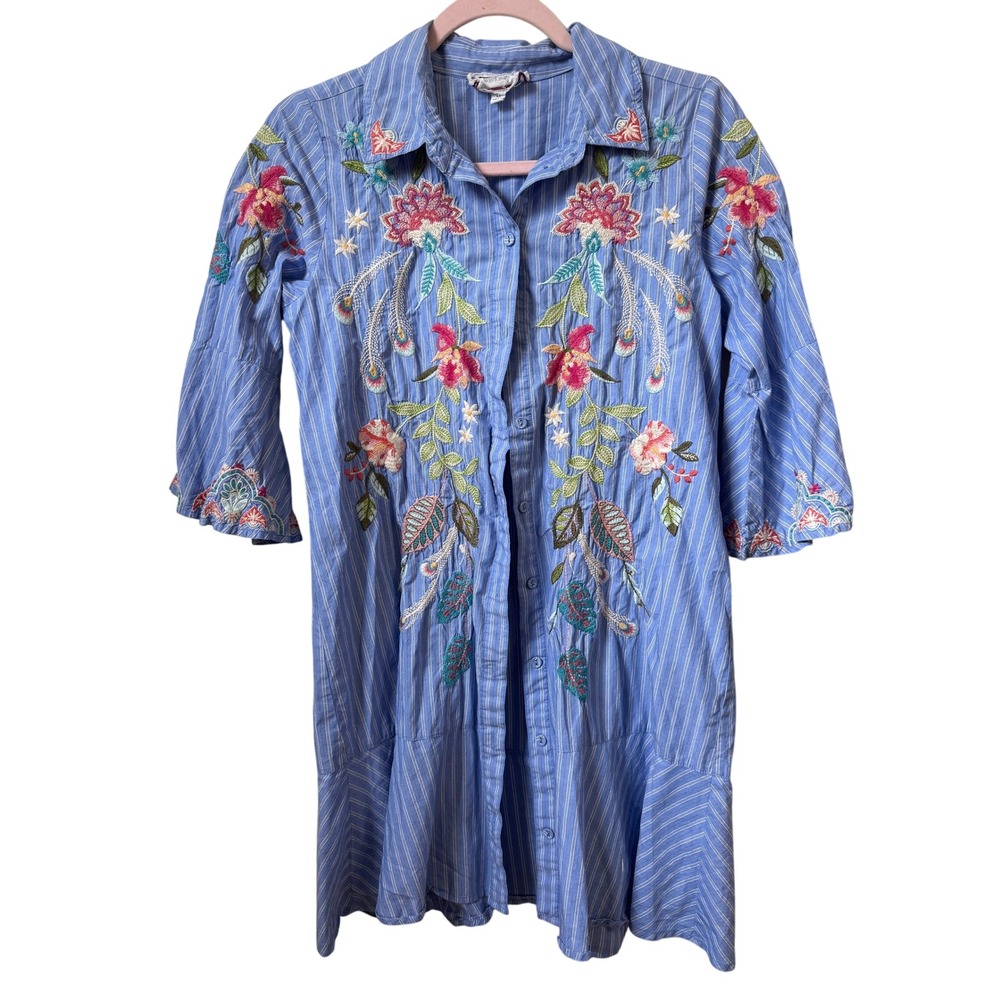 Johnny Was Workshop Blue Striped Floral Embroidered Button Front Shirt Dress XS - Picture 2 of 7